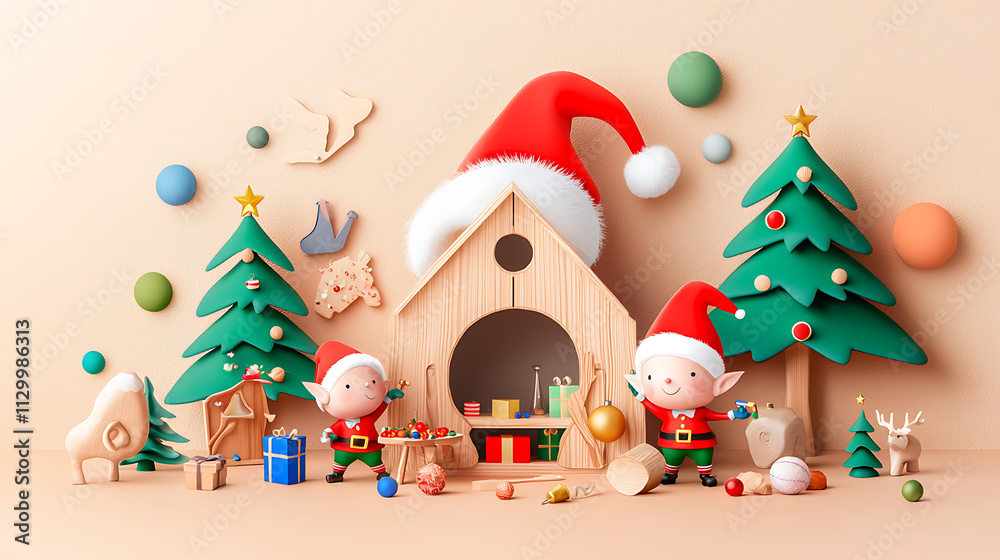 Creating toys in festive workshop, cheerful elves wear red hats and work joyfully. scene is filled with colorful decorations and playful elements Creating toys in festive workshop, cheerful elves wear red hats and work joyfully. scene is filled with colorful decorations and playful elements