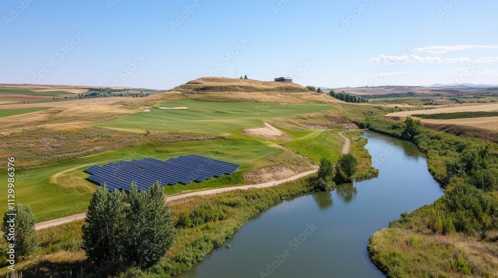Scenic Hillside with Solar Panels and River View Scenic Hillside with Solar Panels and River View