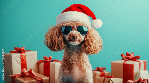 Cute Dog in Santa Hat   Sunglasses with Christmas Gifts photo