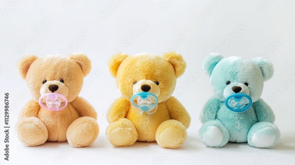 Small Adorable Baby Teddy Bears with Pacifiers or Baby Bottles on a White Background Small Adorable Baby Teddy Bears with Pacifiers or Baby Bottles on a White Background