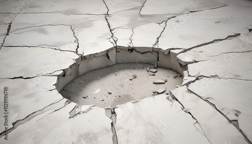 Close-up of broken white concrete floor with gray cracks, grimey, decayed, worn-down photo