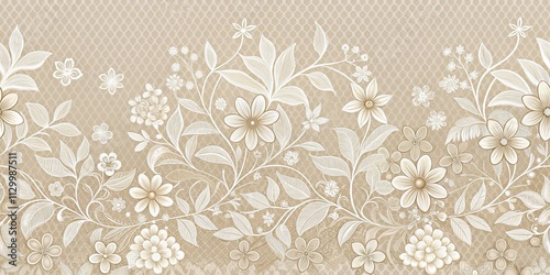Elegant Beige Floral Pattern Design with Intricate Line Art and Delicate Blooms