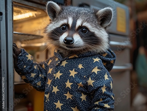 Curious Raccoon in Starry Pajamas Sneaking Into the Kitchen at Night photo