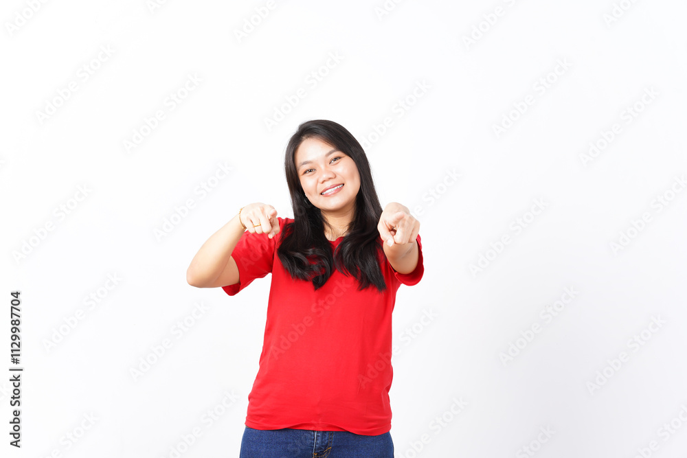 Smiling and Pointing at camera or you, want you gesture Of Beautiful Asian Woman wearing red shirt Isolated On White Background Smiling and Pointing at camera or you, want you gesture Of Beautiful Asian Woman wearing red shirt Isolated On White Background