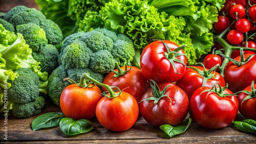 A vibrant assortment of fresh, ripe tomatoes, broccoli, and lettuce displayed on a rustic wooden surface. A vibrant assortment of fresh, ripe tomatoes, broccoli, and lettuce displayed on a rustic wooden surface.