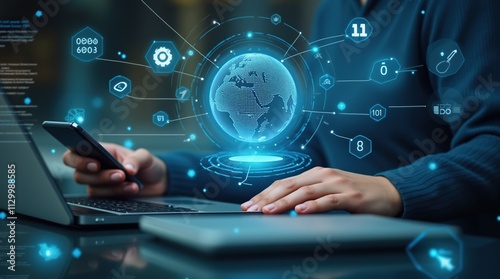 Wallpaper Mural Person Using Laptop and Smartphone with Digital Interface Overlay Torontodigital.ca