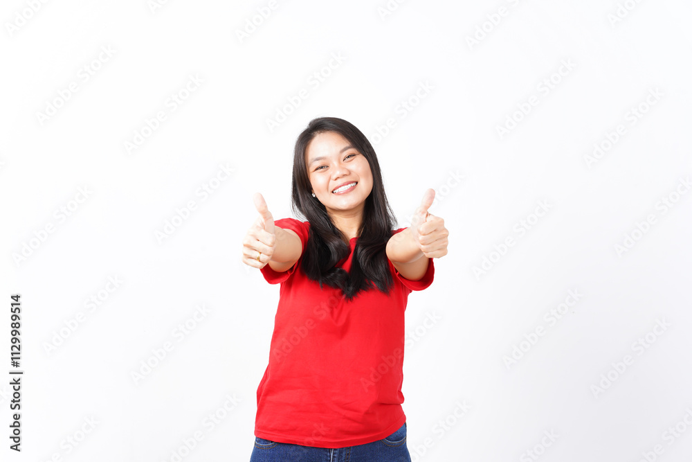 Smiling Looking at camera and showing thumbs up Of Beautiful Asian Woman wearing red shirt Isolated On White Background Smiling Looking at camera and showing thumbs up Of Beautiful Asian Woman wearing red shirt Isolated On White Background
