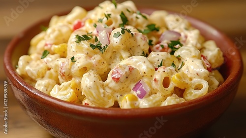 A bowl of creamy macaroni salad garnished with herbs and colorful vegetables.