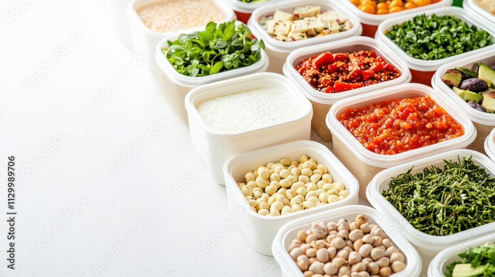 A colorful arrangement of various fresh ingredients in containers, including herbs, sauces, and legumes, showcasing a healthy and vibrant culinary selection. A colorful arrangement of various fresh ingredients in containers, including herbs, sauces, and legumes, showcasing a healthy and vibrant culinary selection.