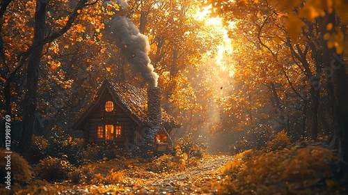 Cozy Autumn Woodland Cabin with Smoke Rising Surrounded by Golden Foliage and Sunlight photo