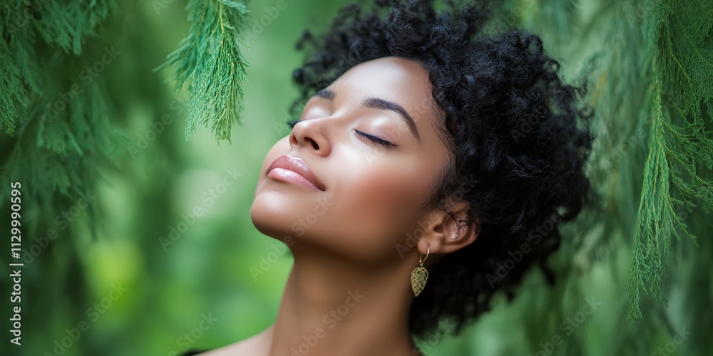 A woman with a gold earring is looking at the camera with a peaceful expression A woman with a gold earring is looking at the camera with a peaceful expression