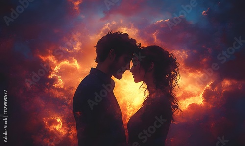 Silhouette of a young couple kissing against a sunset sky, a man holding a woman in his arms, a romantic love concept, a man with short hair and beard, a girl has curly long brown hair,


 photo