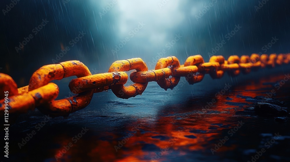 vibrant orange chain on dark wet ground vibrant orange chain on dark wet ground