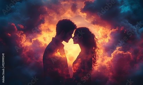 Silhouette of a young couple kissing against a sunset sky, a man holding a woman in his arms, a romantic love concept, a man with short hair and beard, a girl has curly long brown hair,


 photo