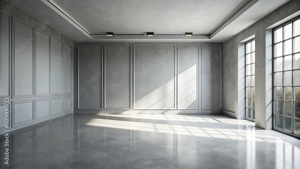 Sunlit Empty Room with Grey Walls and Paneled Molding, Ideal for Interior Design or Real Estate Presentations Sunlit Empty Room with Grey Walls and Paneled Molding, Ideal for Interior Design or Real Estate Presentations