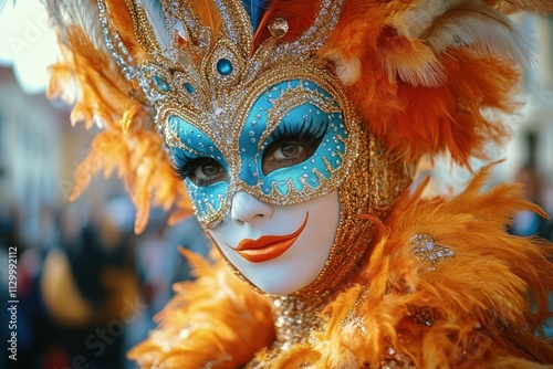 Fototapeta Naklejka Na Ścianę i Meble -  Venice Carnival Parade with Colorful Masks and Costumes in St Mark's Square Celebrating Rich Culture and Festive Spirit