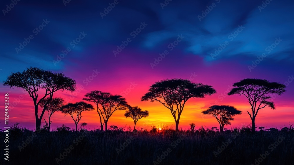 Obraz premium Silhouettes of Trees Against a Vibrant Sunset