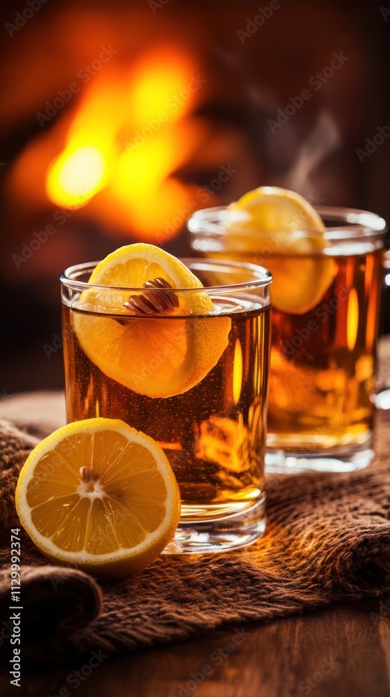 Two glasses of warm beverage with lemon slices, set against a cozy, glowing background. Two glasses of warm beverage with lemon slices, set against a cozy, glowing background.