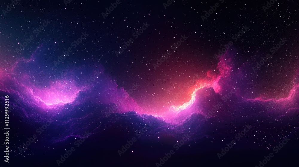 Fototapeta premium Abstract cosmic landscape luminous pink purple nebulas glowing particles technology effect background