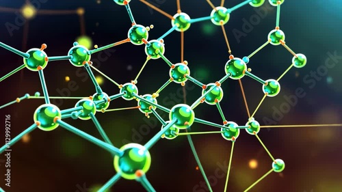 Video footage of detailed 3D molecular structure with green atoms connected by bonds, representing a complex chemical or nanotechnology model