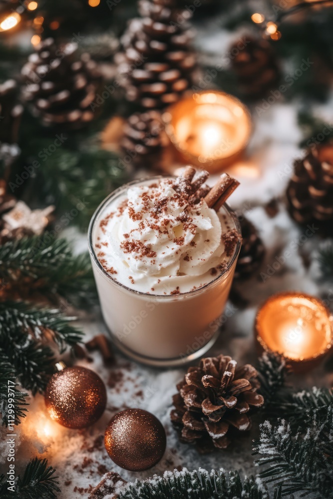 A festive drink topped with whipped cream, surrounded by pinecones and candles. A festive drink topped with whipped cream, surrounded by pinecones and candles.