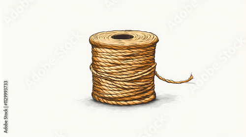 Tilted angle jute twine spool on white background. Twine. Illustration