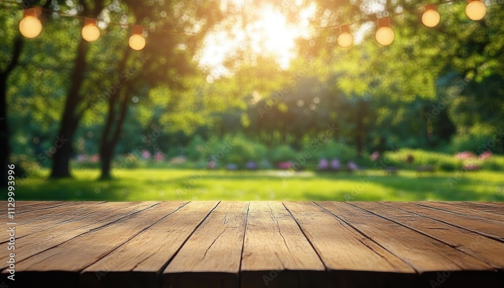Outdoor picnic scene with rustic wooden table beautiful nature view and sun-dappled light in garden Outdoor picnic scene with rustic wooden table beautiful nature view and sun-dappled light in garden