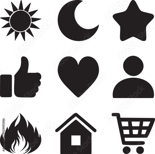 Silhouette, set of icons for design, sun,moon,star,like,love, contact,fire, house,ven,