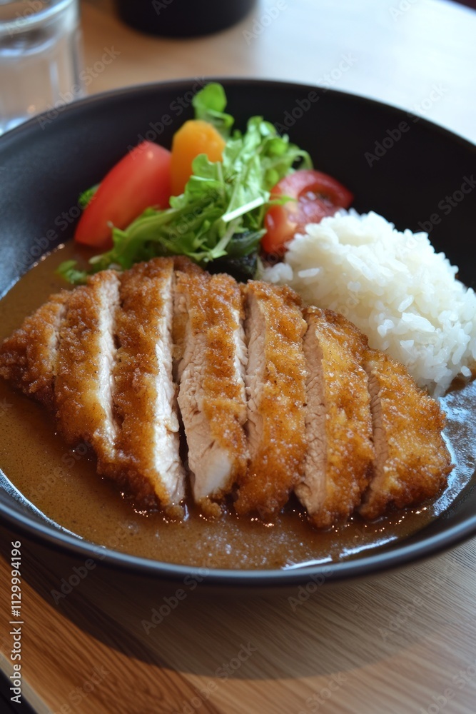 A bowl of crispy chicken cutlet served with rice and fresh vegetables. A bowl of crispy chicken cutlet served with rice and fresh vegetables.