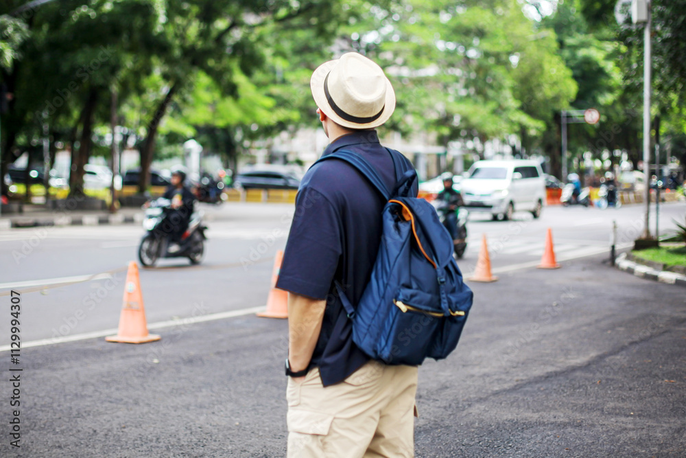 Portrait of Tourist Man Standing on Sidewalk Waiting For Something Portrait of Tourist Man Standing on Sidewalk Waiting For Something