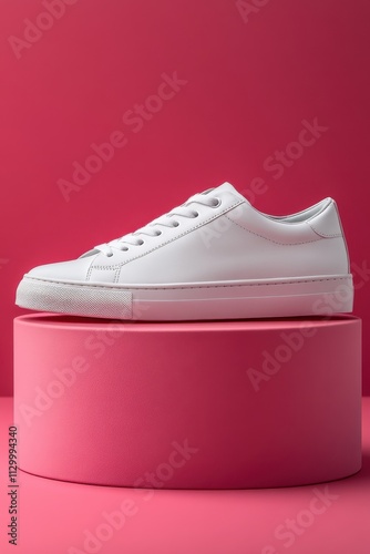 High-Top White Sneaker with Pink Accents, Wooden Display, Red Background, Minimalist Style