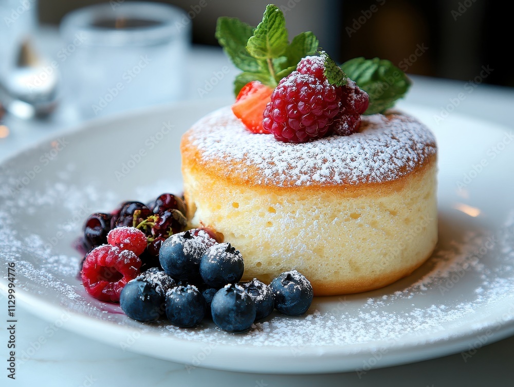 A fluffy pancake dessert topped with berries and mint, dusted with powdered sugar.