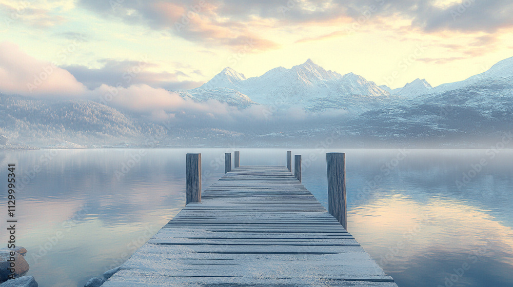 Fototapeta premium Serene Winter Lake Wooden Dock Snowy Mountains Calm Water Sunrise