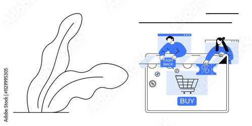 Characters using computer for online shopping, highlighting Buy button, cashback offers, and discounts. Ideal for e-commerce, online shopping, digital marketing, cashback, discounts sales