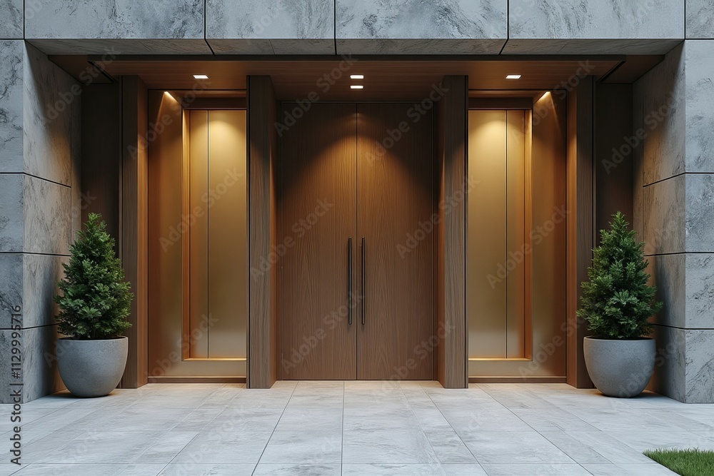 Modern Home Entrance With Wooden Doors And Plants Modern Home Entrance With Wooden Doors And Plants