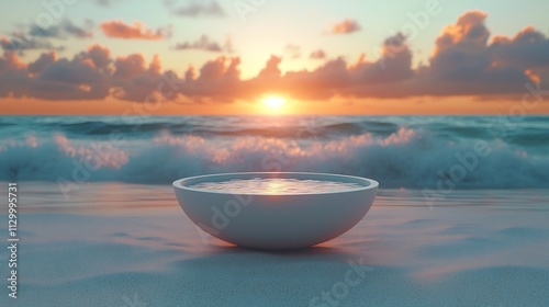 Elegant White Table on Sandy Beach at Sunset with Crashing Waves and Peaceful Sky