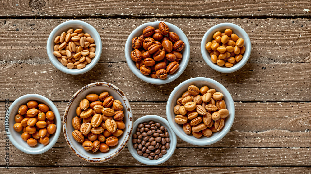 Assorted nuts and seeds in bowls on wooden table, food photography, copy space Assorted nuts and seeds in bowls on wooden table, food photography, copy space