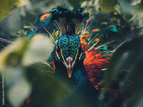 Majestic Peacock Portrait Vibrant Feathers, Intense Gaze, Jungle Setting photo