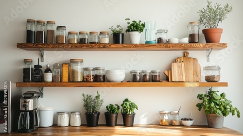 Wallpaper Mural A kitchen wall adorned with decorative shelves holding cookbooks, spices, and small plants. Torontodigital.ca