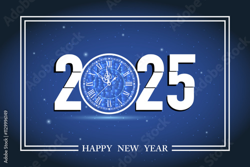 2025 Abstract blue low poly clock and number 2025 with Geometric Abstract Background.