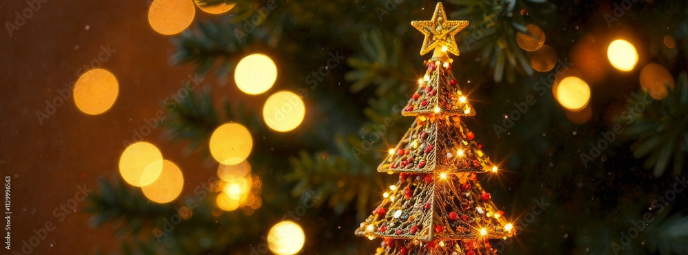 Stunningly decorated Christmas tree set against golden background with glowing bokeh lights. Warm and festive atmosphere, ideal for holiday cards, seasonal designs or Xmas banner with copy space. Stunningly decorated Christmas tree set against golden background with glowing bokeh lights. Warm and festive atmosphere, ideal for holiday cards, seasonal designs or Xmas banner with copy space.