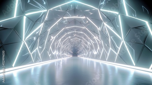Futuristic Tunnel with Geometric Lighting and Reflective Surface for Modern Design and Technology Backgrounds