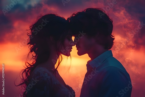 Silhouette of a young couple kissing against a sunset sky, a man holding a woman in his arms, a romantic love concept, a man with short hair and beard, a girl has curly long brown hair,