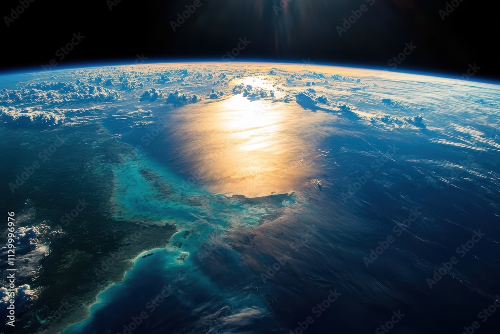 Fototapeta premium A breathtaking top view of Earth showcasing dramatic sky, ocean, land, and clouds