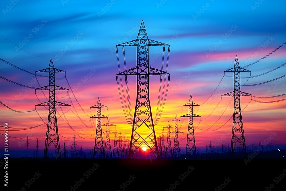 Naklejka premium A stunning sunset silhouetting power lines against a vibrant sky, showcasing the beauty of nature and infrastructure.
