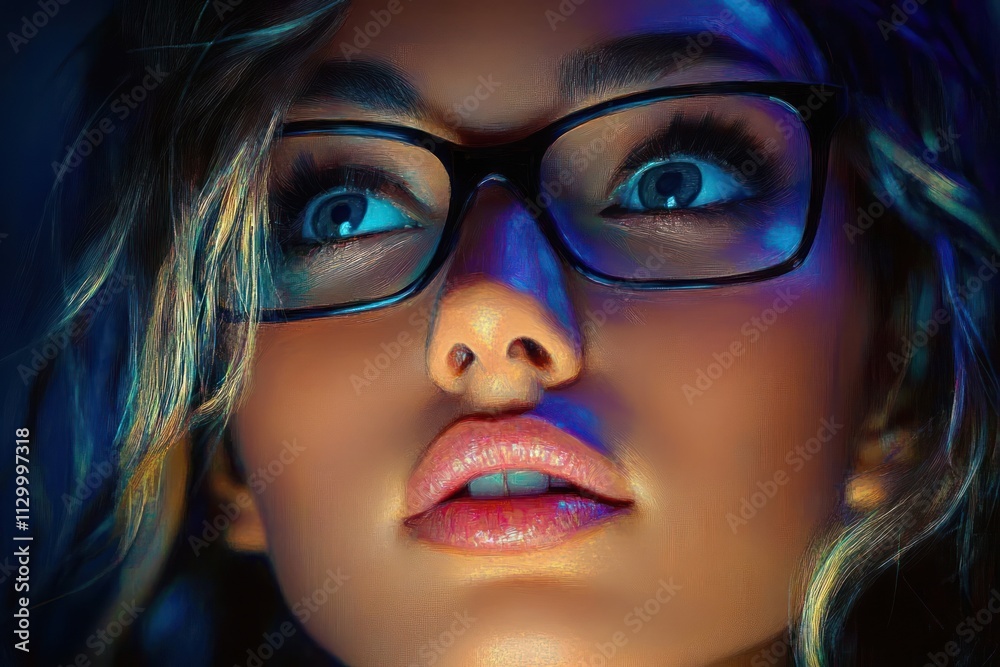 Close-up of focused woman with glasses working late at night in dark office staring at computer screen Close-up of focused woman with glasses working late at night in dark office staring at computer screen