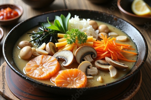 Delicious vegetable and mushroom soup in a bowl photo