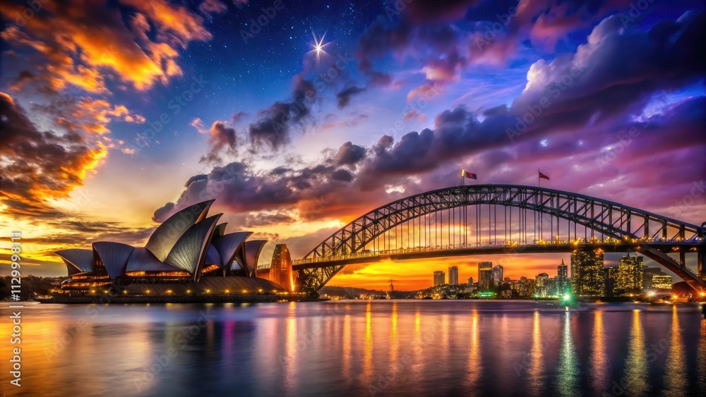 Obraz premium Sydney's dramatic skyline: Opera House and Harbour Bridge silhouetted against a dark, captivating night.