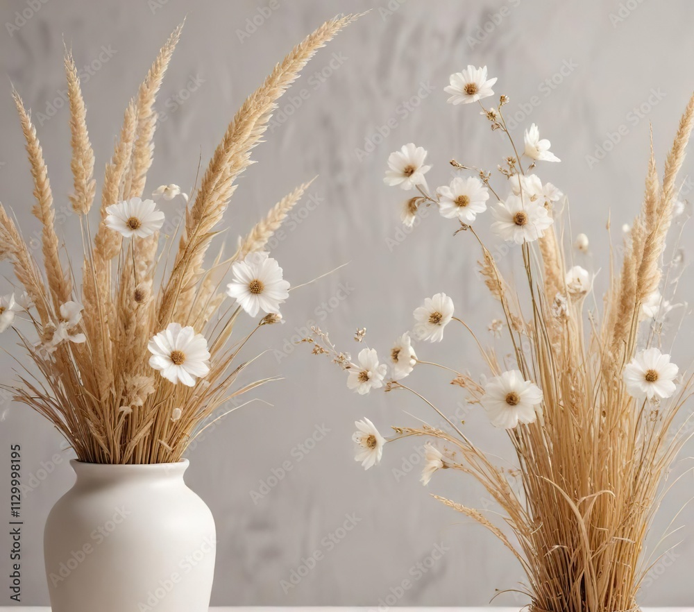 Naklejka premium Elegant arrangement of dried grasses and white flower paper for natural decor, interior design, DIY, special occasion