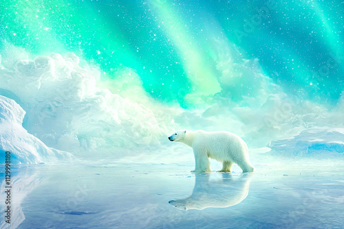 Under auroras in the Arctic, a lone polar bear symbolizes majestic survival amid global warming